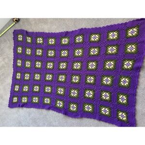 Groovy Granny Square Handmade Crocheted Afghan Throw Blanket 48x70 Purple Green